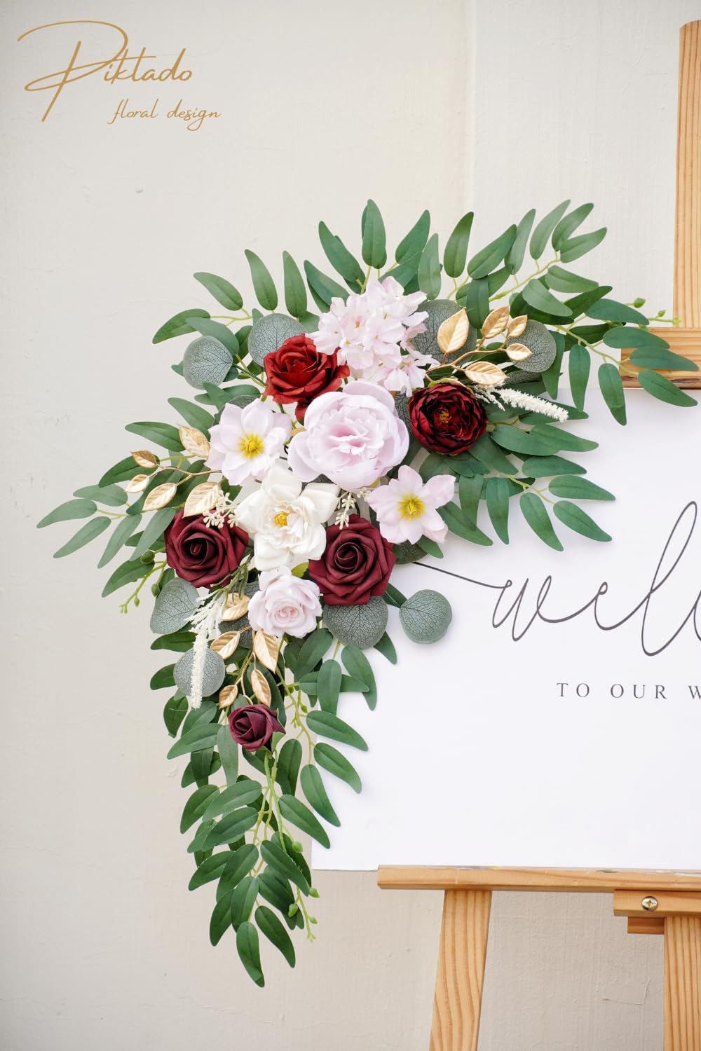 Faux Flower Swag Set of 2 for Wedding Welcome Signs Floral Swag Wedding Reception Ceremony Signs Decor (A-Burgundy Pink)