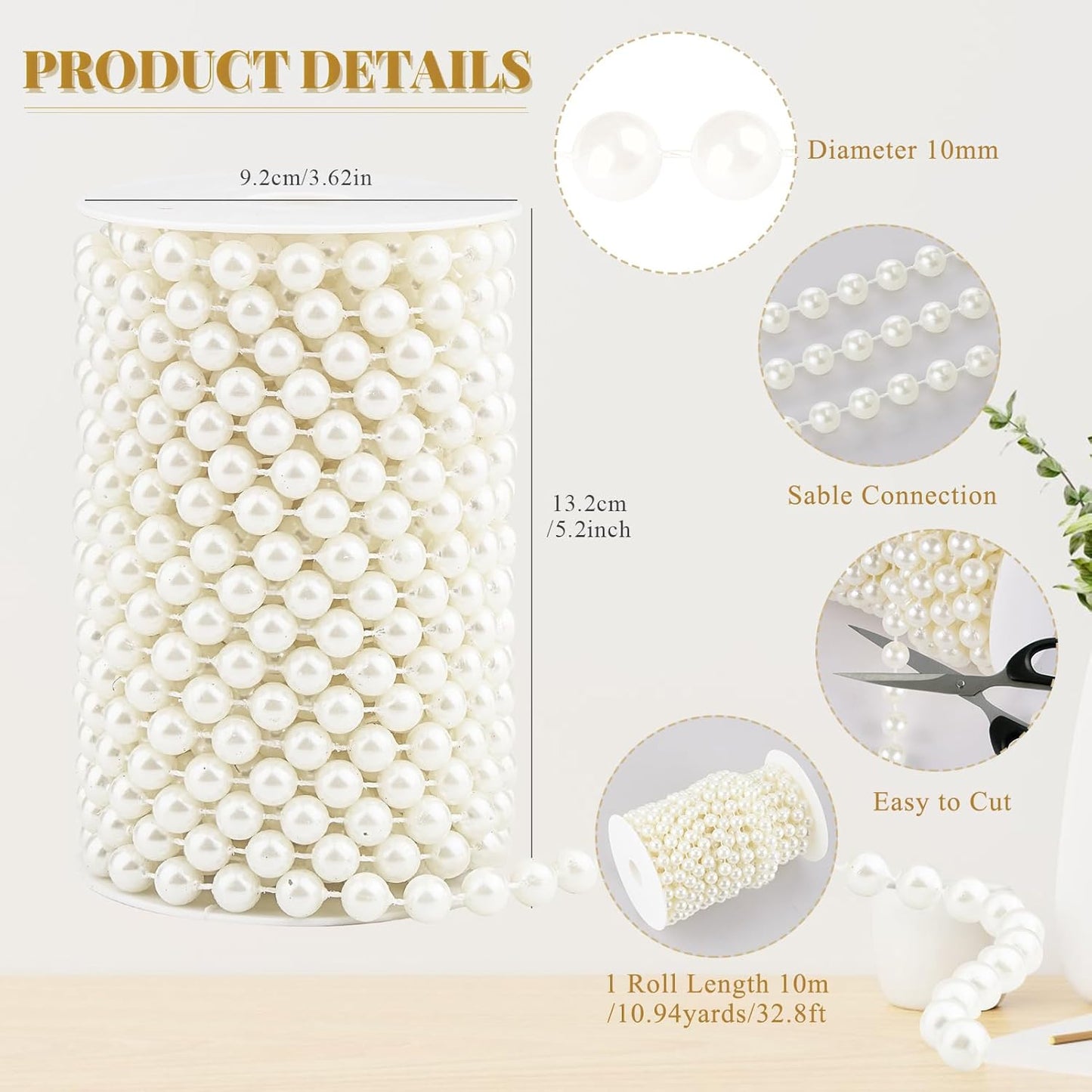 Pearls String Beads 33 Feet Faux Pearls Roll for Crafting Christmas Tree Garland Flowers DIY Wedding Party Centerpiece Party Jewelry Decoration (10mm Ivory)