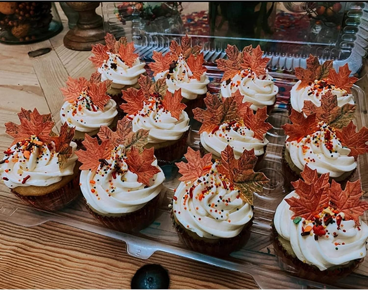 90 Pcs Edible Fall Leaves Gold Leaf Cupcake Toppers, For your Party Cake Toppers Decoration