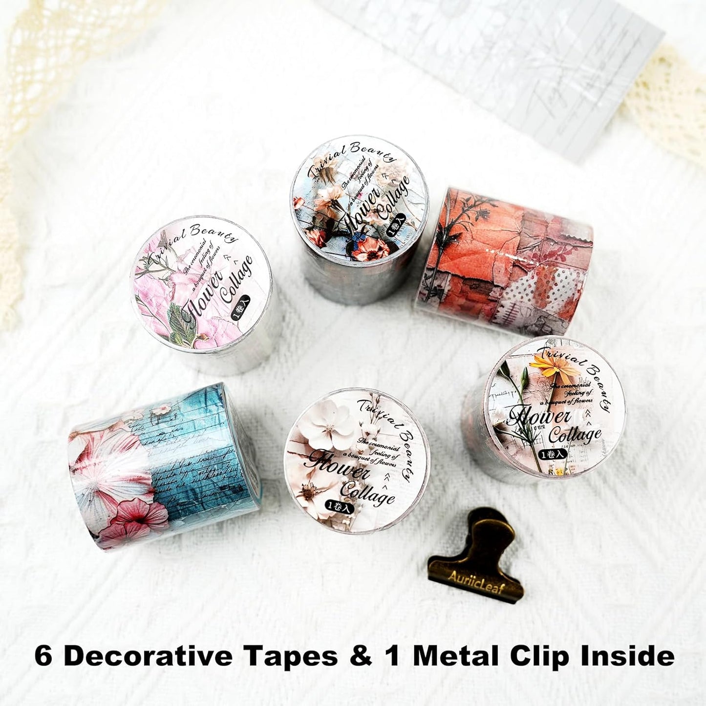 Vintage Floral Washi Tape Set – 6 Rolls, 2M Non-Repeating Flower Collage Designs, Decorative Craft Tape for Scrapbooking, Journals, Planners with Accessory Clip Included