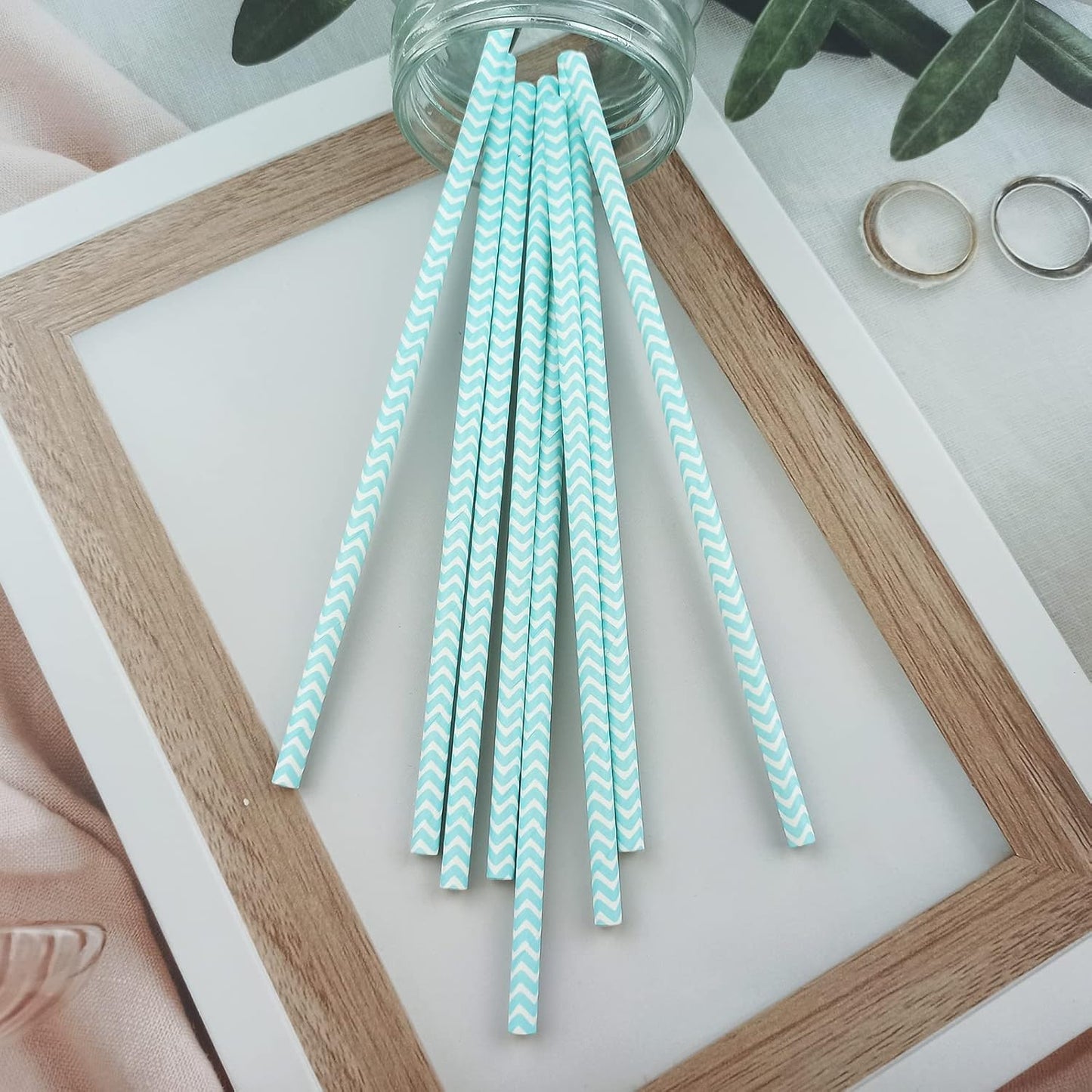 YAOSHENG Premium Disposable Waves Striped Drinking Paper Straws, Pack 100 Light Blue Waves Paper Straws for Cocktail Party Supplies,Birthday,Bridal/Baby Shower,Juice,Shakes (Light Blue Waves)