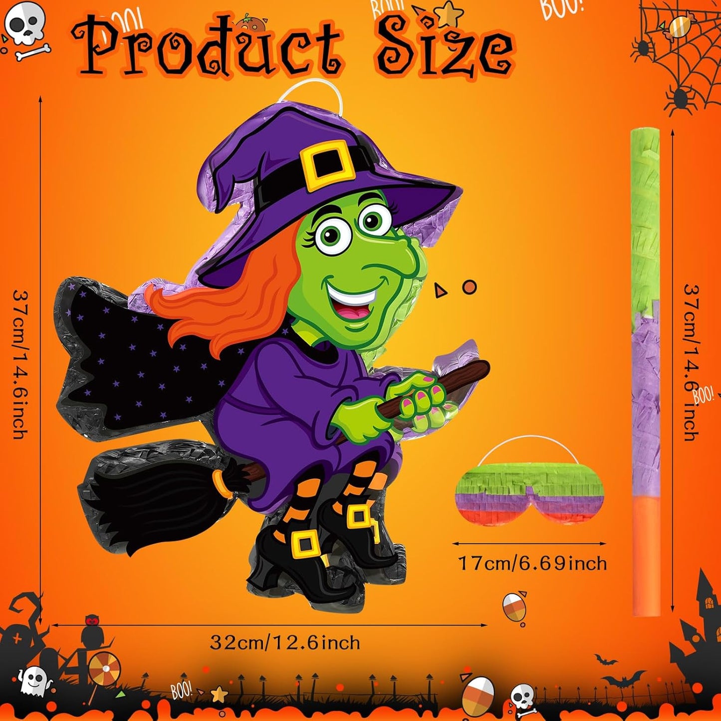 Aoriher Halloween Witch Piñata Halloween Decoration Piñata with Stick Blindfold Candy Filled Piñata for Halloween Mexican Birthday Party Game Supplies