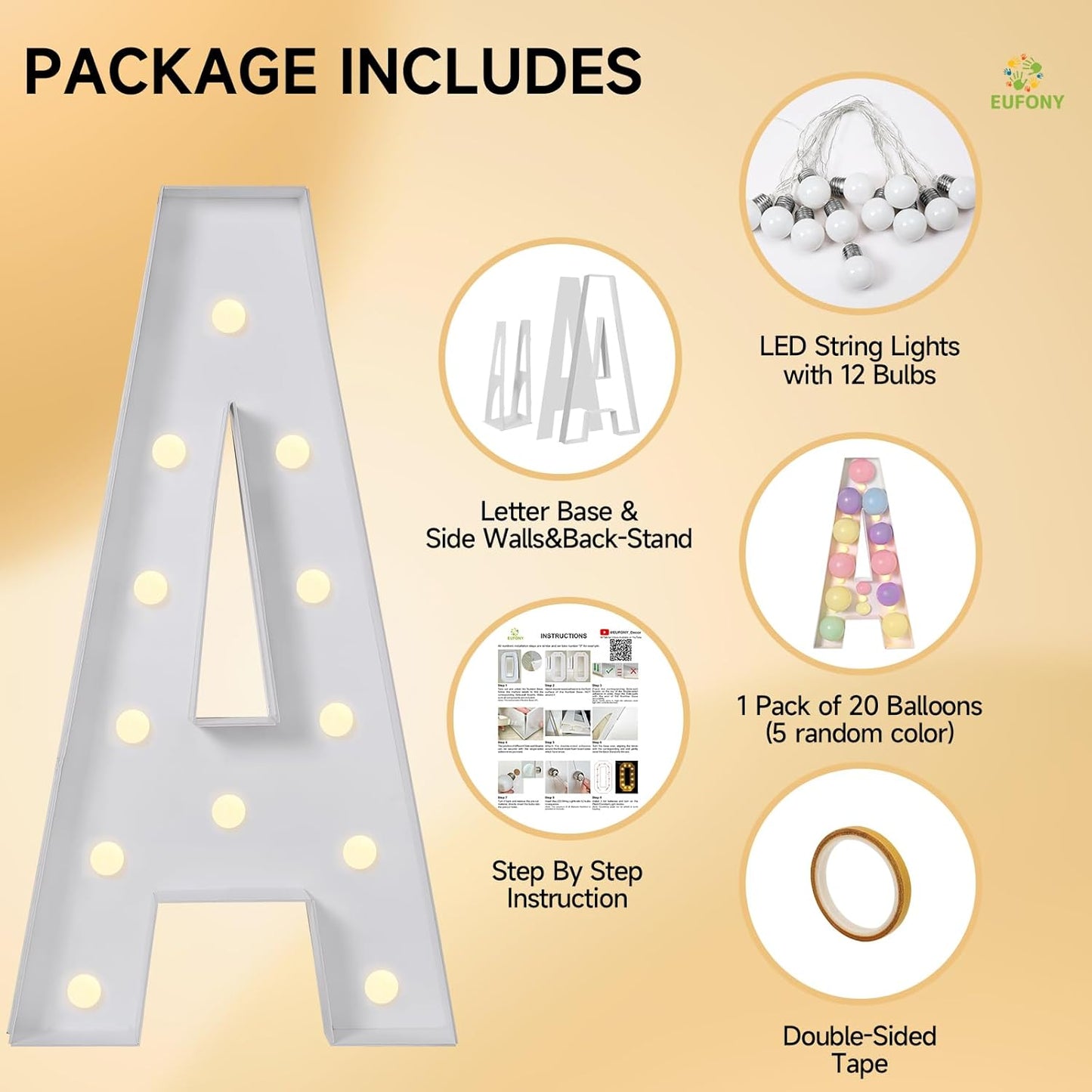 EUFONY Marquee Letters 4 Feet Tall, 4 FT Marquee Light Up Letters, Giant Light Up Letters 4FT for Birthday Party Baby Shower Gender Reveal Graduation Prom Decorations, Letter Y with LED Lights DIY Kit