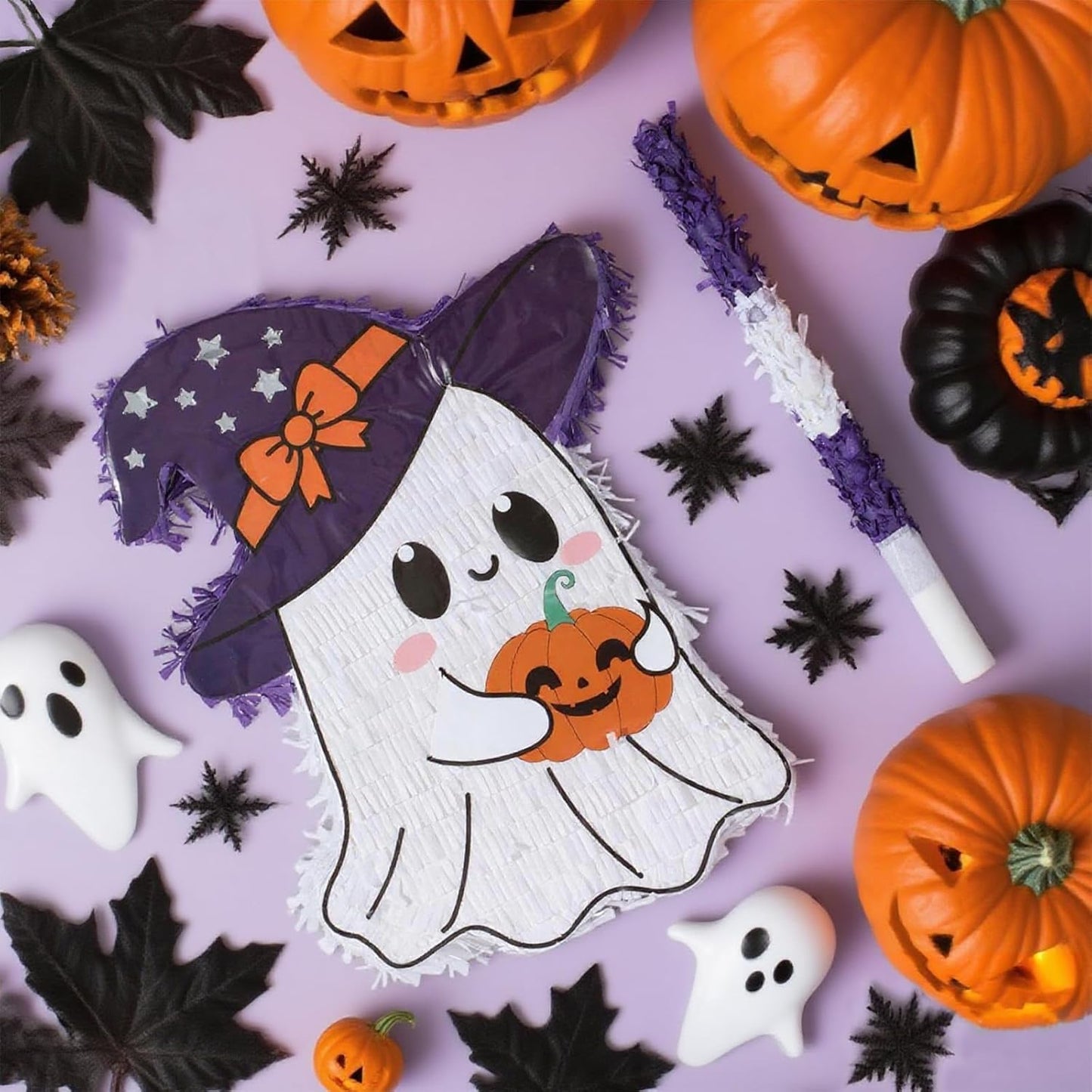 Halloween Ghost Pinatas Bundle with a Blindfold and Bat (16.5x13.1x4 Inches), Perfect for Birthday Parties Games and Decoration, Halloween Party Cute Ghost Pinata