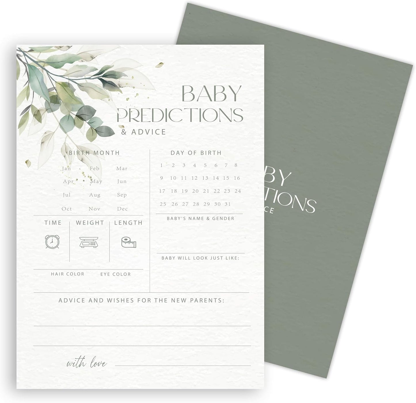 Advice For New Parents Baby Shower, Baby Predictions & Advice Cards For Baby Shower Games Activities, Wishes for Baby, 25 Double-Sided Thick Cards – Greenery A06