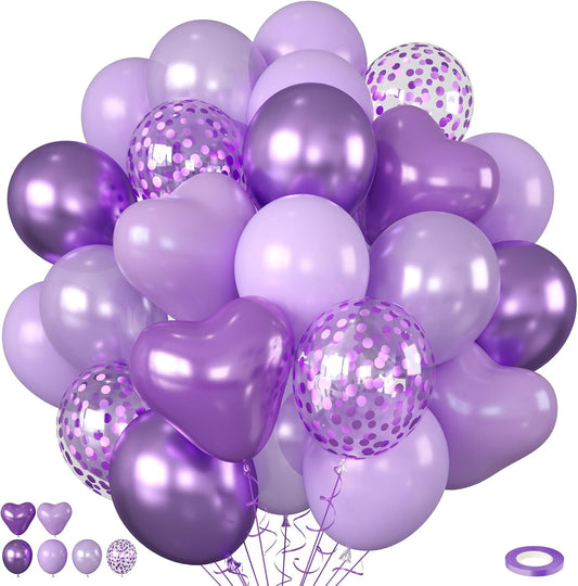 Purple Balloons, 60pcs Metallic Purple Balloons With Matte Macaron Heart Latex Balloon Confetti Balloon Birthday Baby Shower Party Wedding Bridal Shower Bachelorette Engagement Anniversary Decorations