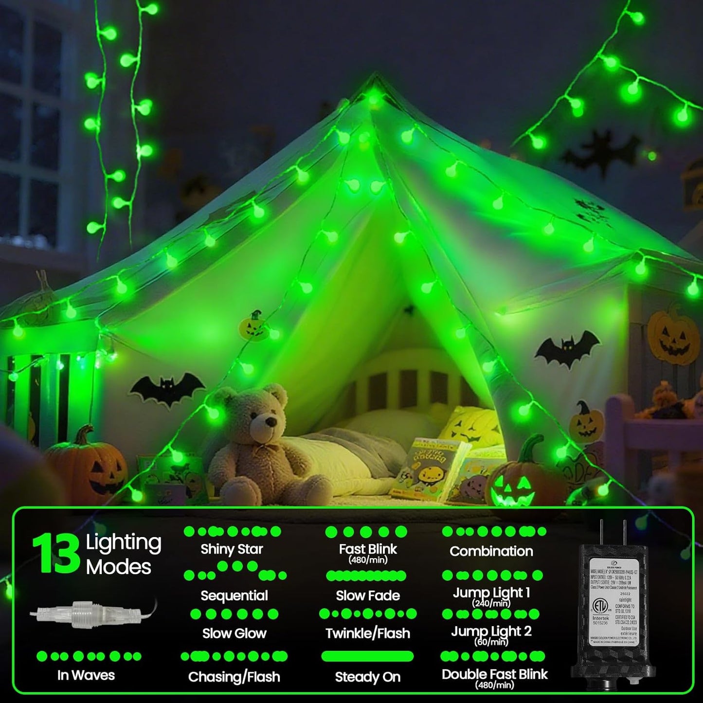 Connectable Green Halloween Lights Outdoor Indoor - 43FT 100LED Globe String Lights Plug in with Timer, 13 Modes Fairy Light Waterproof for Party Halloween Decorations Bedroom Decor