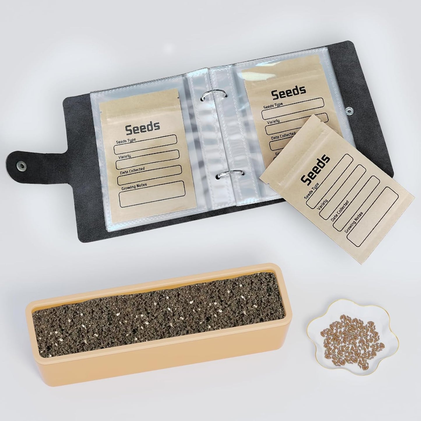 Seed Organizer Binder with 50 PCS Resealable Seed Envelopes - 50 Storage Pockets, 3.5x5 Inch Clear Sleeves, Seed Saver for Garden Lover - Gray