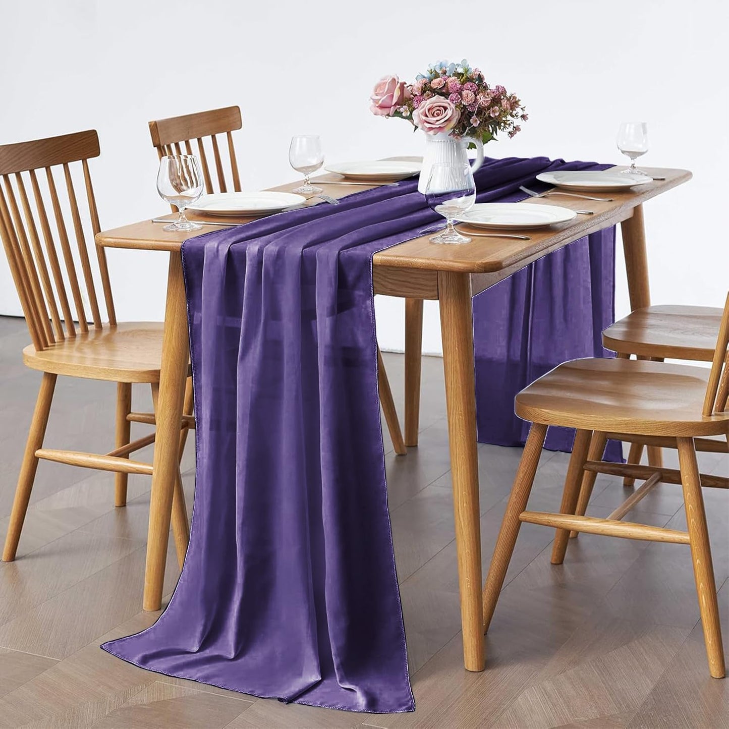 2 Pack 10Ft Chiffon Purple Table Runner Sheer 29x120 Inch for Romantic Wedding Decor Bridal & Baby Shower Birthday Rustic Party Decoration