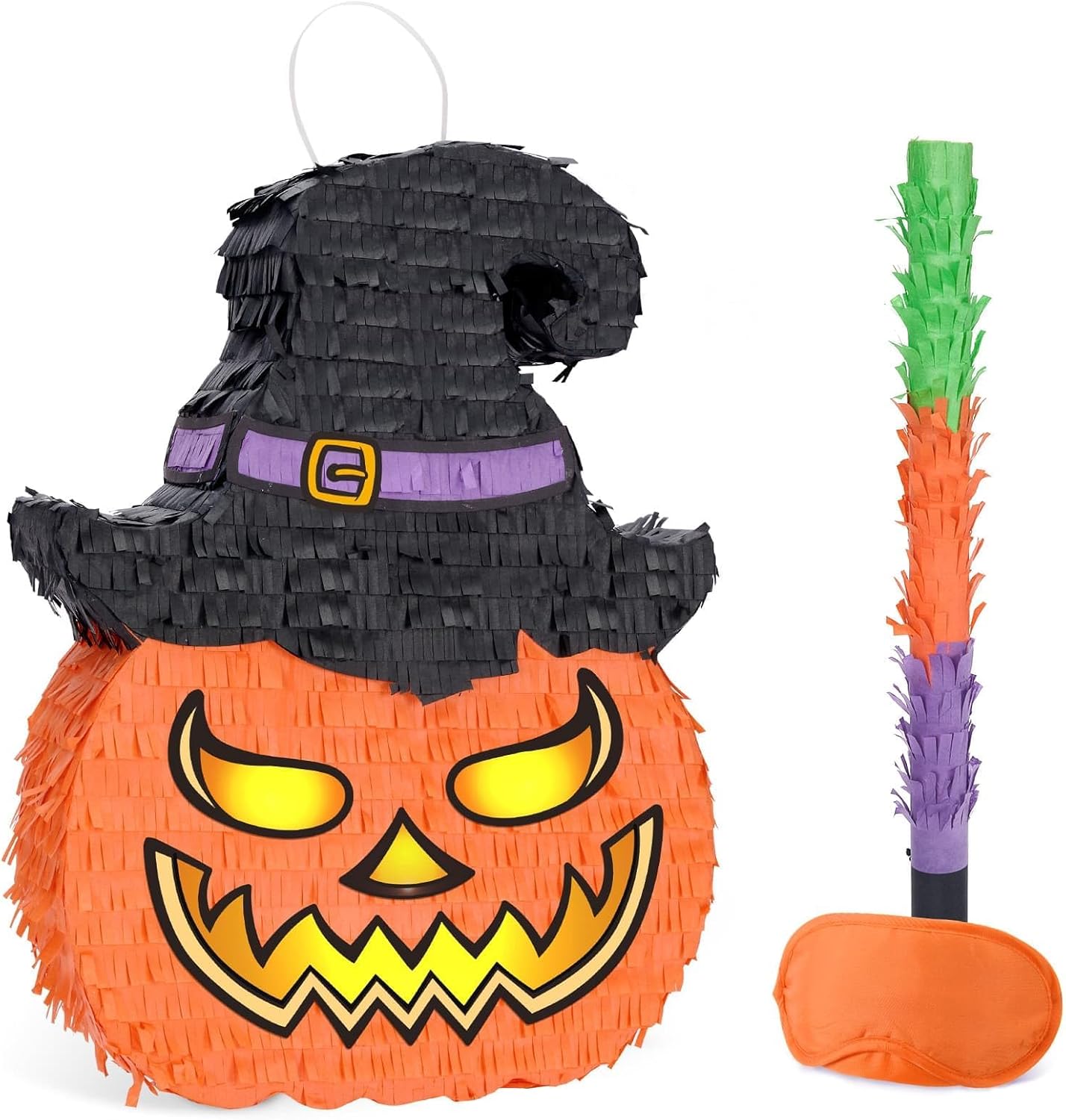 WERNNSAI Halloween Pumpkin Piñata - Wicked Pumpkin Pinata Halloween Jack O Lantern decorations for Kids Trick or Treat Costume Party Pumpkin Games with Bat Blindfold