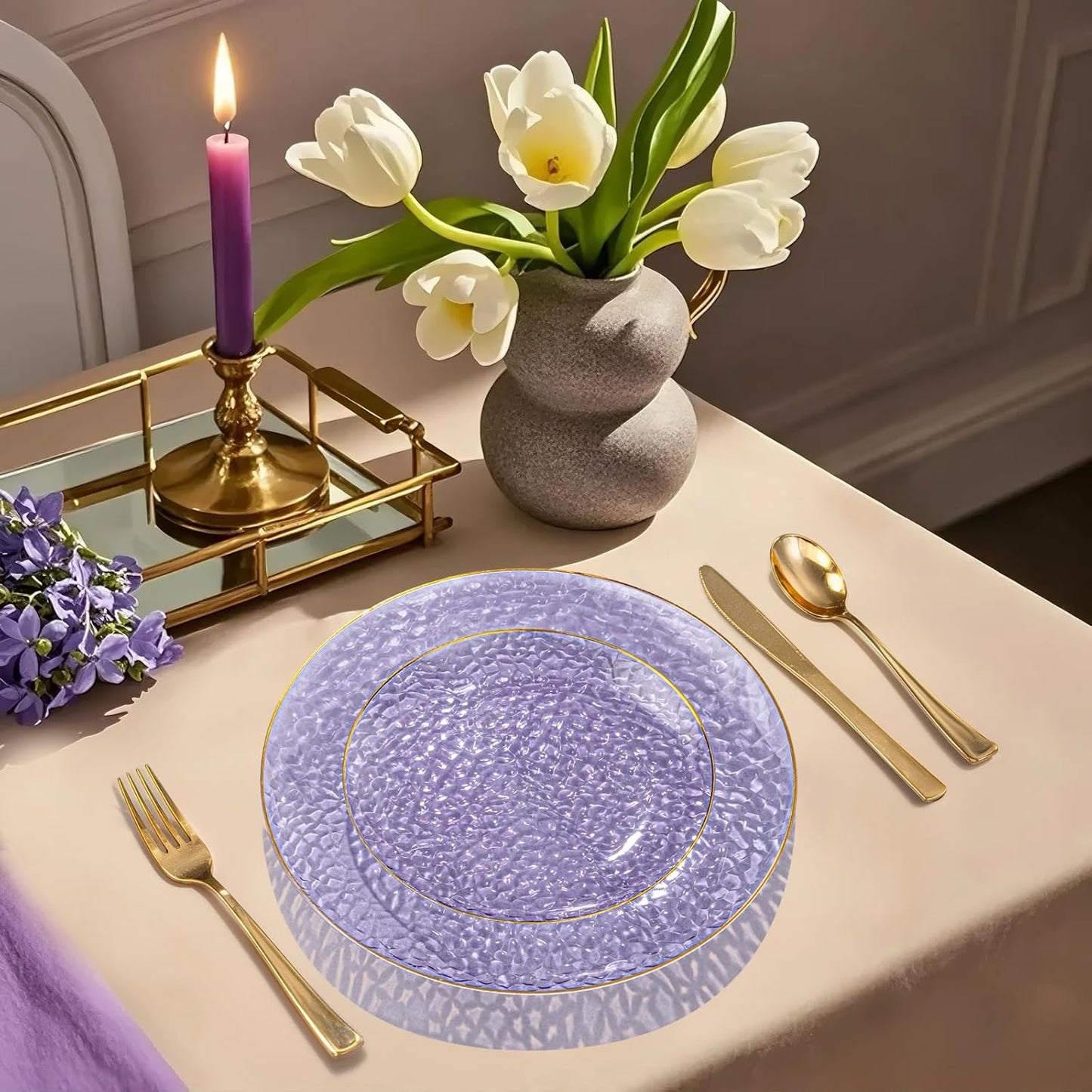 Rubtlamp 350 Pcs Clear Purple Plastic Plates, Gold Plastic Dinnerware Set (50 Guests), Purple Disposable Plates With Gold Rim, Hammered Party Plates Set for Wedding And Party