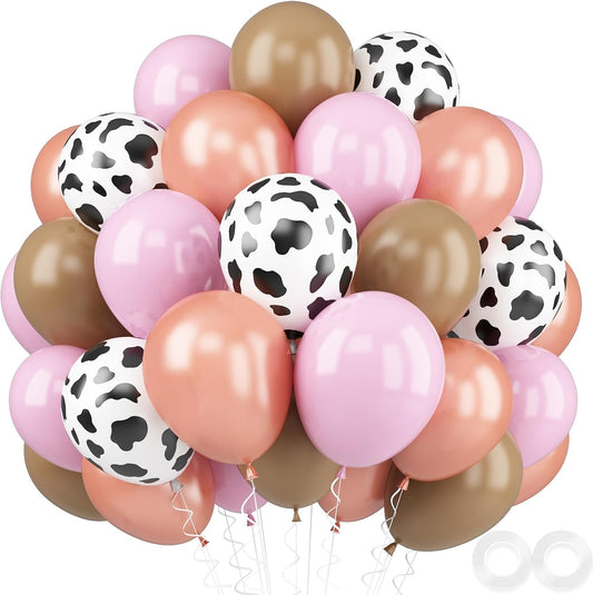 Cow Print Balloons, 52 PCS 12 Inch Maca Pink Brown Rose Gold Cow Balloons Helium Latex Balloons for Birthday Baby Shower Cow Print Party Cowgirl Rodeo Party Farm Party Decorations Supplies