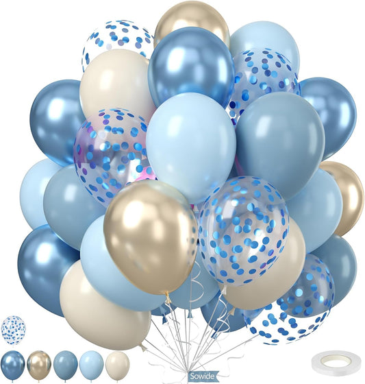 Dusty Baby Blue Balloons, 50Pcs 12 Inches Light Blue White Metallic Gold Confetti Birthday Balloons for Boy Baby Shower Birthday Party Wedding Anniversary Bridal Engagement Graduation Decorations