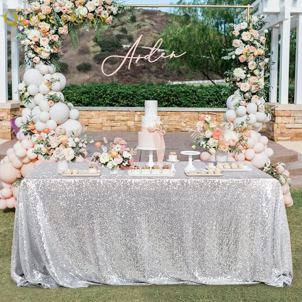 QueenDream Tablecloth 90x156 Rectangle Sequin Tablecloth Silver Wedding Table Linens Glitter Birthday Bridal Party Indoor Outdoor Decorations