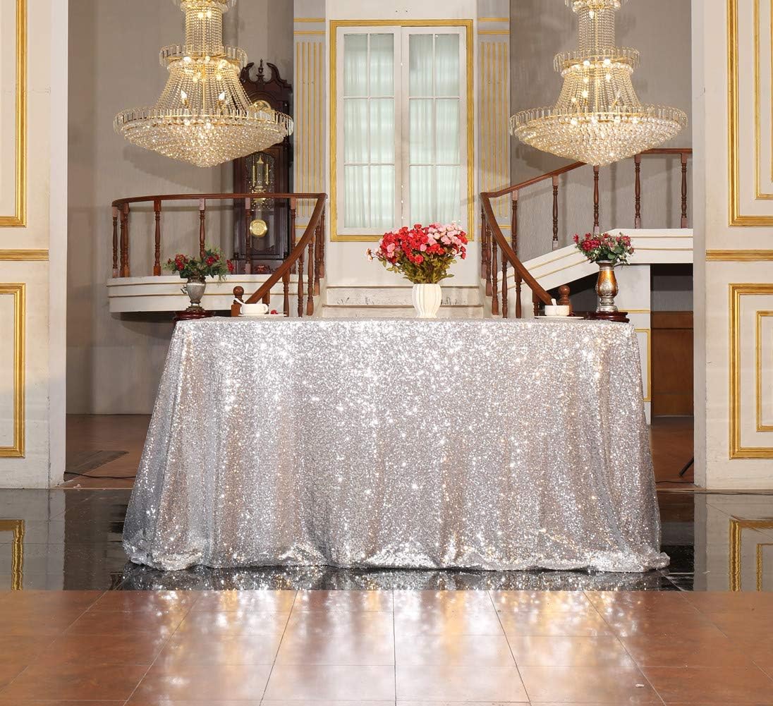 SquarePie Sequin Tablecloth 60 x 120 Inch Silver Reflect Lights Bling Sparkly Table Cloth for Wedding Party