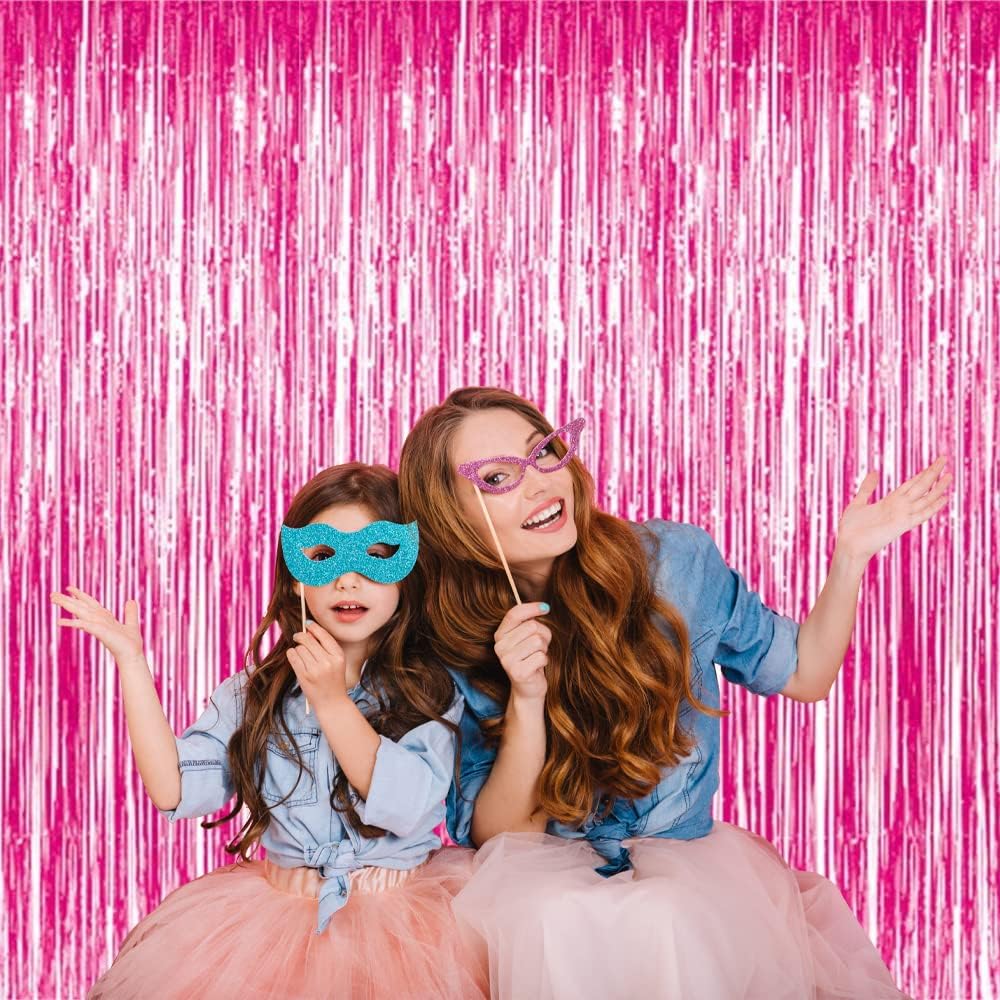 GOER 3.2 ft x 8.2 ft Metallic Tinsel Foil Fringe Curtains Party Photo Backdrop Party Streamers for Galentines Day,Birthday,Graduation,New Year Eve Decorations Wedding Decor (4 Packs,Hot Pink)