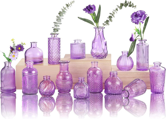 Bud Vases for Centerpieces Wedding,Flower Vases in Bulk for Rustic Home Decor,Small Vases for Wedding,Mother's Day,Graduation,Christmas,Birthday Party,Valentine's Day(Purple,15 Pcs)