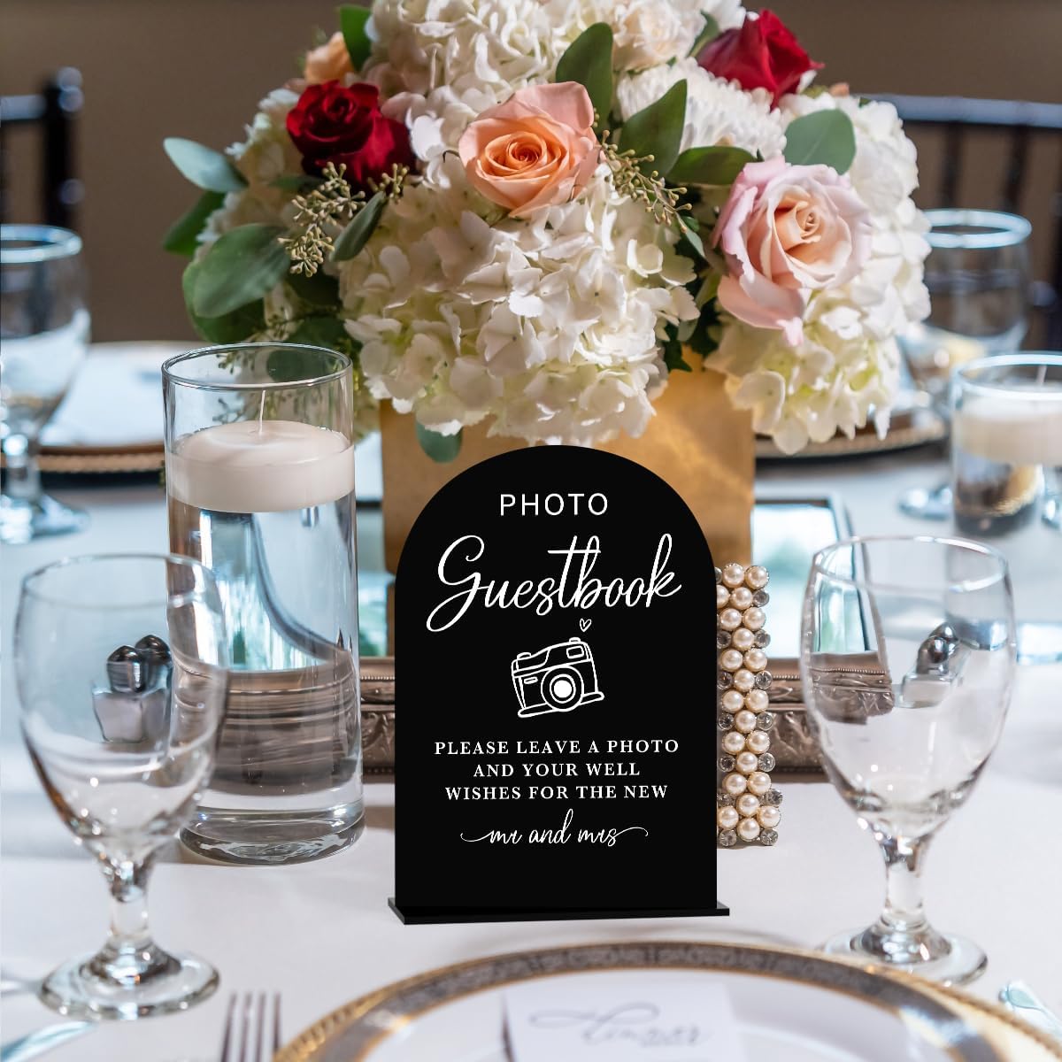 Acrylic Wedding Sign Photo Guestbook Sign for Wedding Wedding Signs for Ceremony Modern Calligraphy Arch Acrylic Table Top Sign for Wedding Reception and Event Party Table(black）
