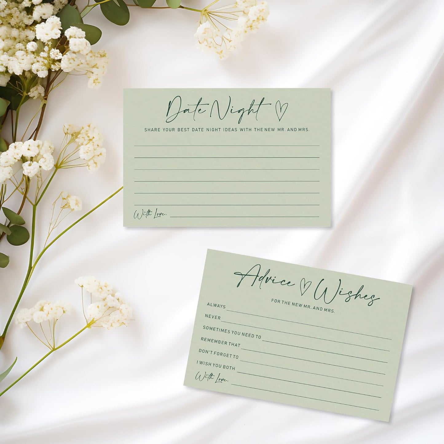 Advice & Wishes Card Set - Minimalism Moss Green - 15 Advice & Wishes Cards & 15 Date Night Cards Cards For New Couple, Newlyweds, Engagement, Wedding Party Favor & Supplies - B05