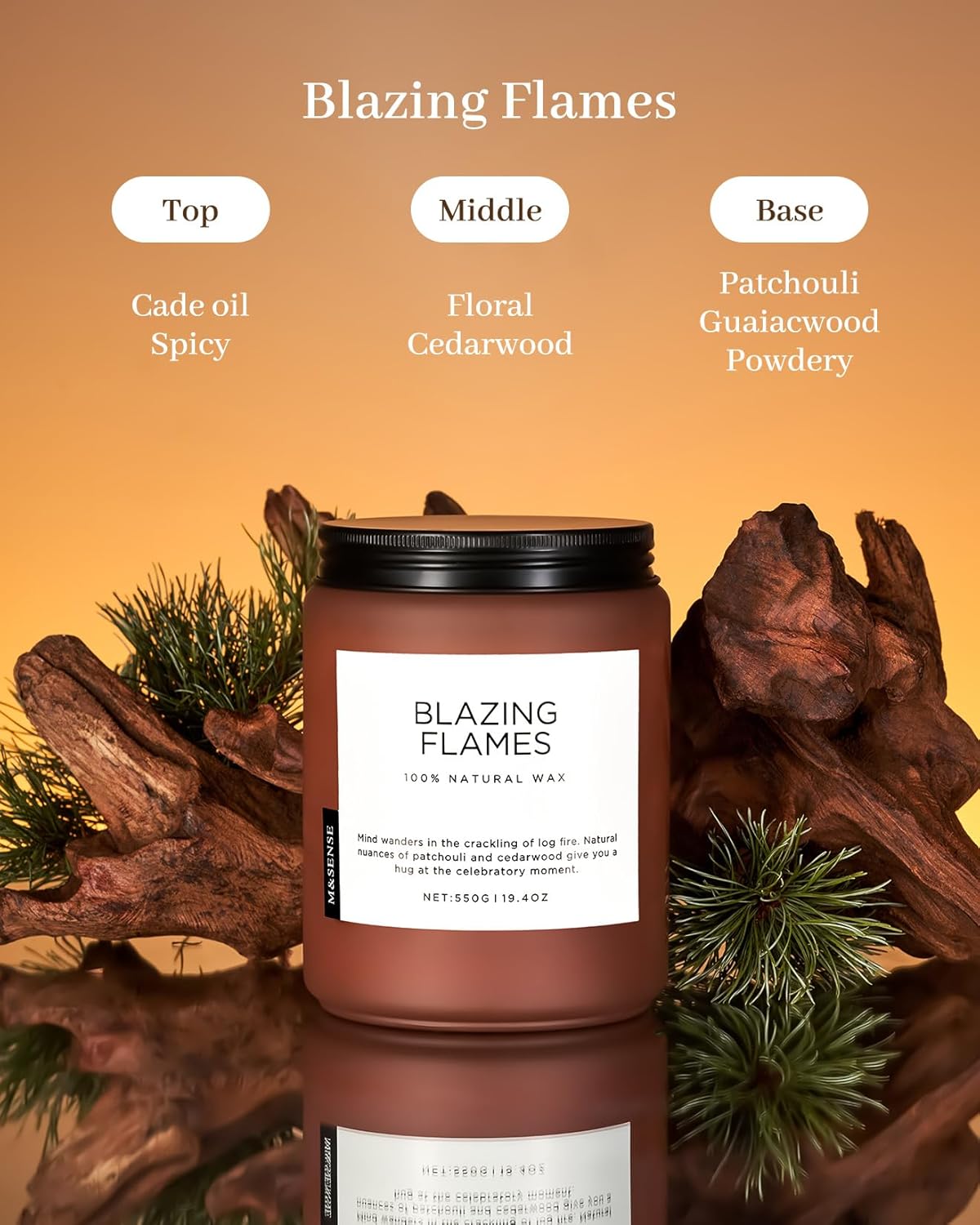 M&SENSE Blazing Flames Scented Candles with Log Fire - Patchouli & Cedarwood, Large Natural Soy 19.4oz 110 Hour Long Lasting Non Toxic Clean Burn Candle Gifts for Men Women