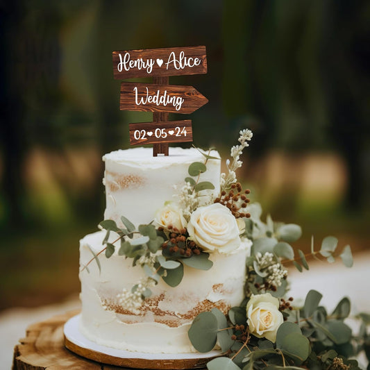 Personalized Rustic Wedding Cake Topper in Wood Custom Wedding Cake Topper with Names & Date