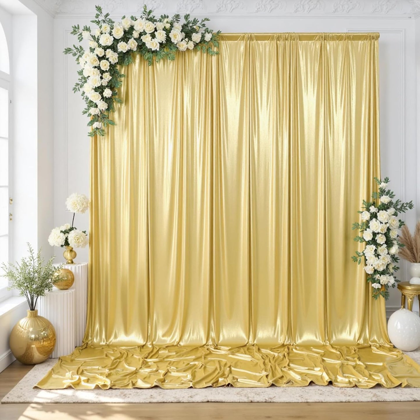 gogoparti 10x14FT Gold Sequin Backdrop Curtain - 2 Panels of 5x14FT Wrinkle-Free Reusable Glitter Drapes for Photography, Weddings, Birthdays & Parties