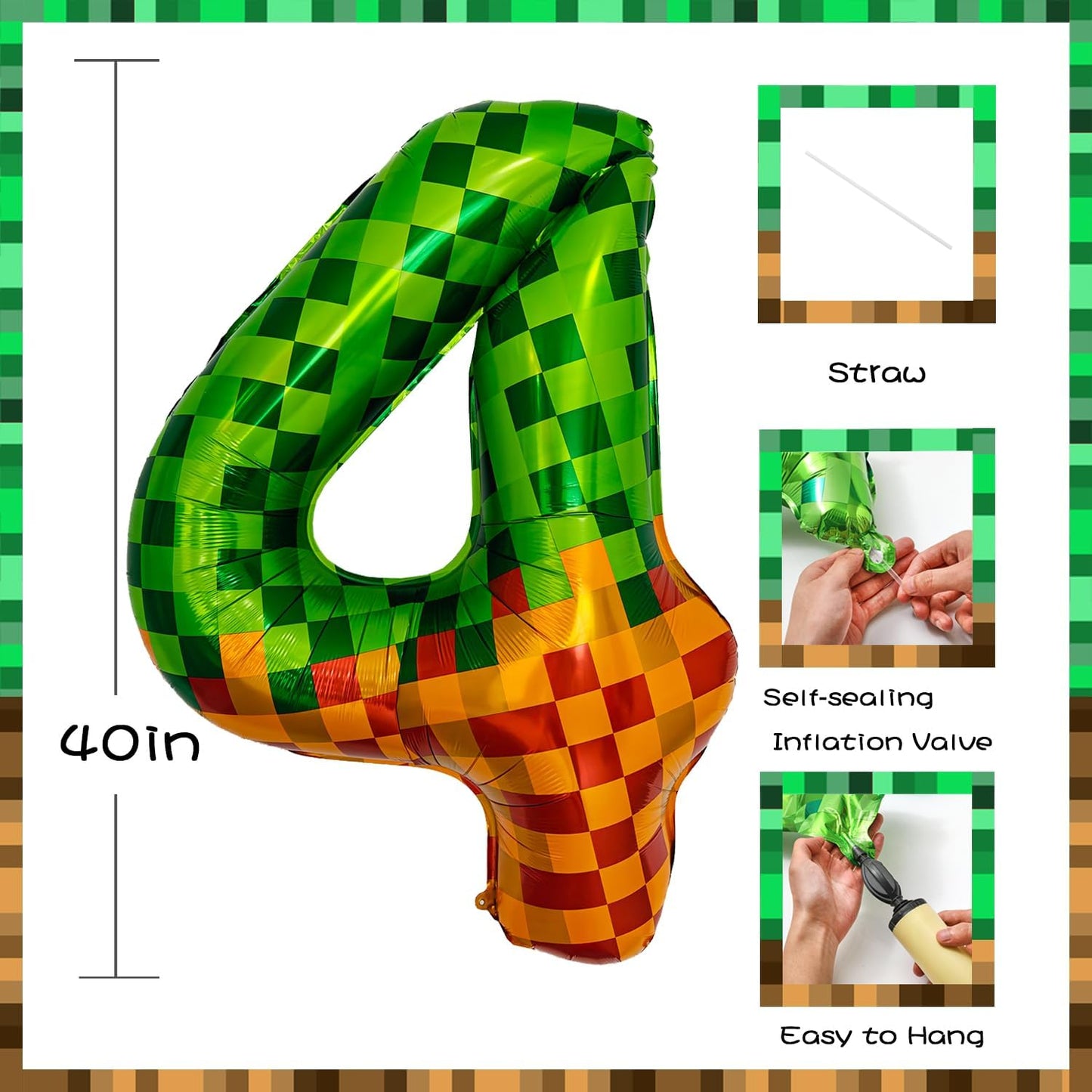 Pixel & TNT Theme 40in Giant Number Balloons - Foil Mylar Birthday Party Decorations for Kids Adults Cumpleaños, Block Style Pixel Art Shape Balloon Decor Supplies (Pixel, Number 4)