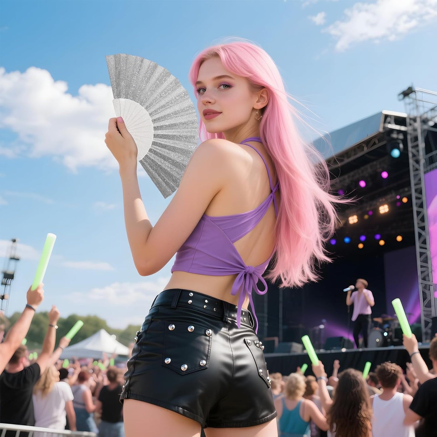 24 Pack Handheld Fan,Folding Hand Glitter fan with Shining Transparent Fan Rib – Ideal for Wedding, Church, Festival, Dance, Tea Party, Club, and EDM Accessories, Silvery