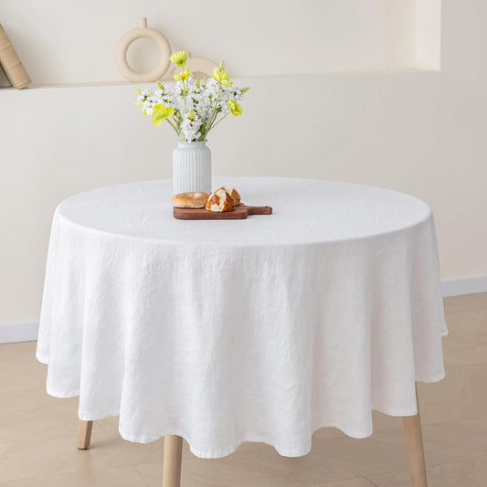 100% Pure French Linen Tablecloths,90Inches Round Table Clothes for Dining,Parties,Picnic,Events,Weddings and Restaurants (RO-White, Round - 90 Inch Dia)