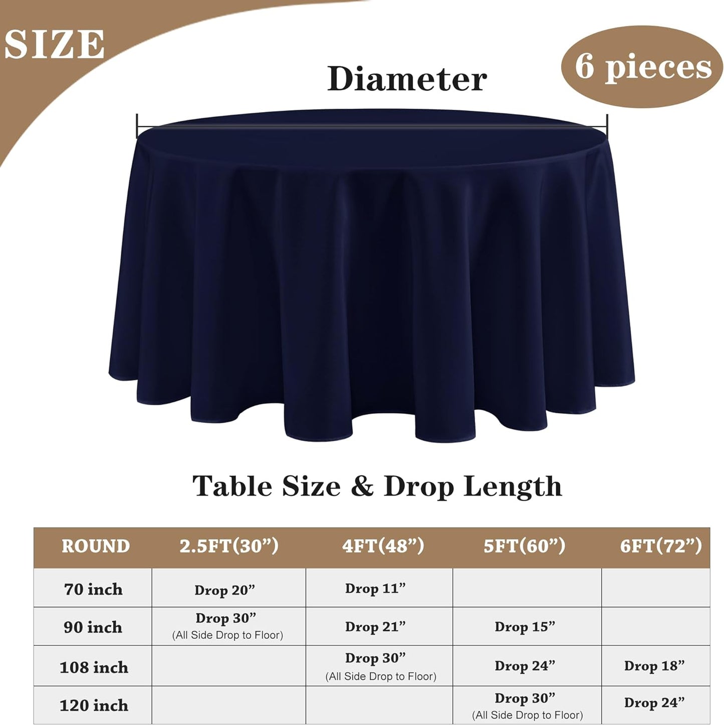 Fitable 6 Pack Navy Round Table Clothes - 70 Inches in Diameter - Stain Resistant and Washable Tablecloths, Polyester Fabric Table Covers for Wedding, Party, Banquet, Gathering
