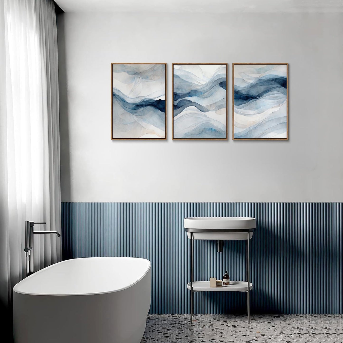 myusuar 3 Piece Large Abstract Framed Wall Art For Living Room, Smoke Texture Ink Navy Blue Canvas Wall Art Modern Minimalist Art Prints Wall Décor For Bedroom Office 24x36in