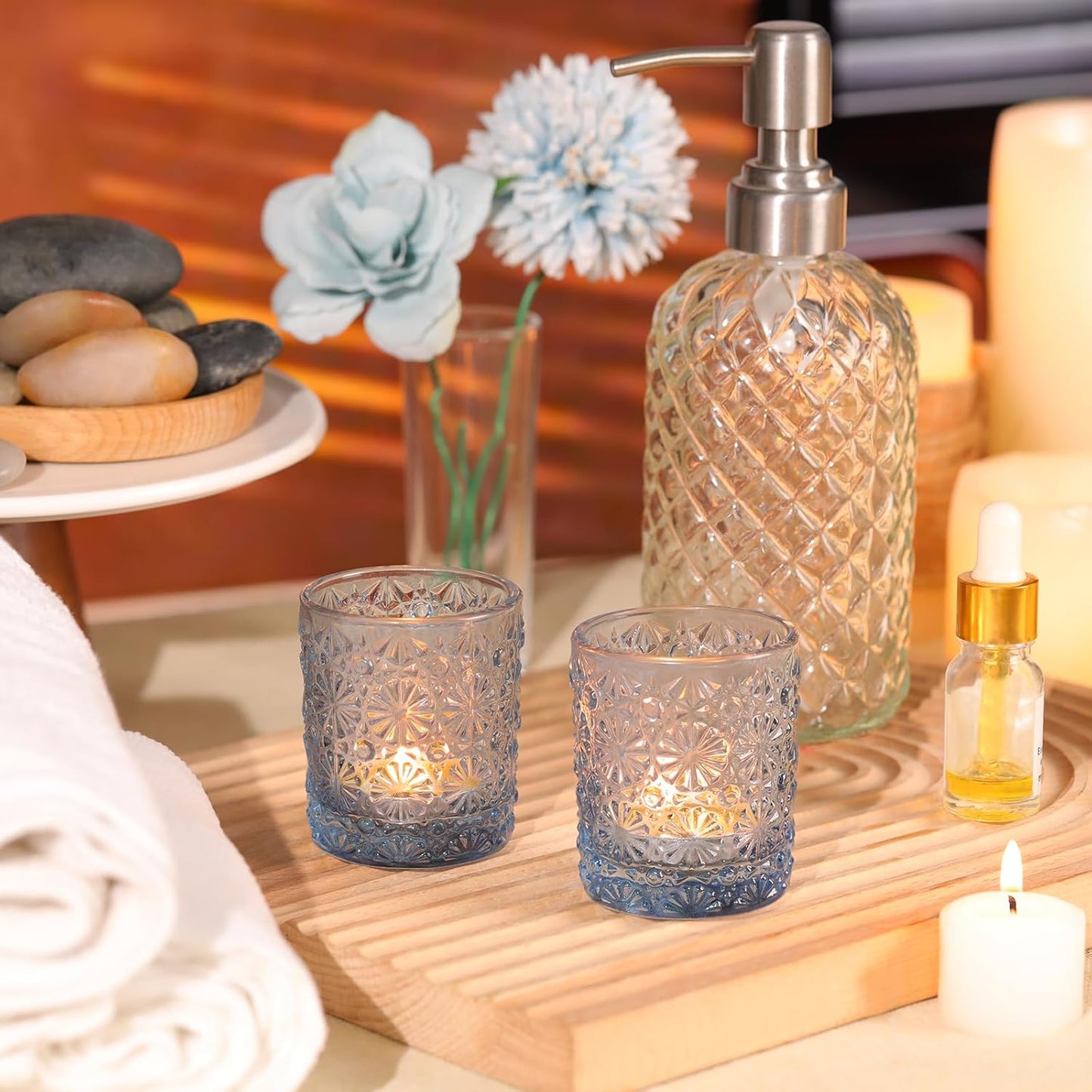 Blue Votive Candle Holder Set of 36, Flower Tea Lights Candles Holders for Wedding Table Centerpieces, Birthday Parties, Home Decor, Blue Bridal Shower and Holiday Decorations