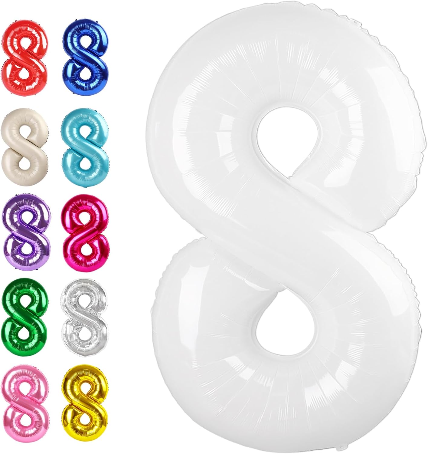Helium Foil White Number 8 Balloon 40 Inch, Mylar Eight Numbers 8 18 28 38 48 58 80 88 Birthday Balloons, White Women Men Anniversary Graduations Party Supplies