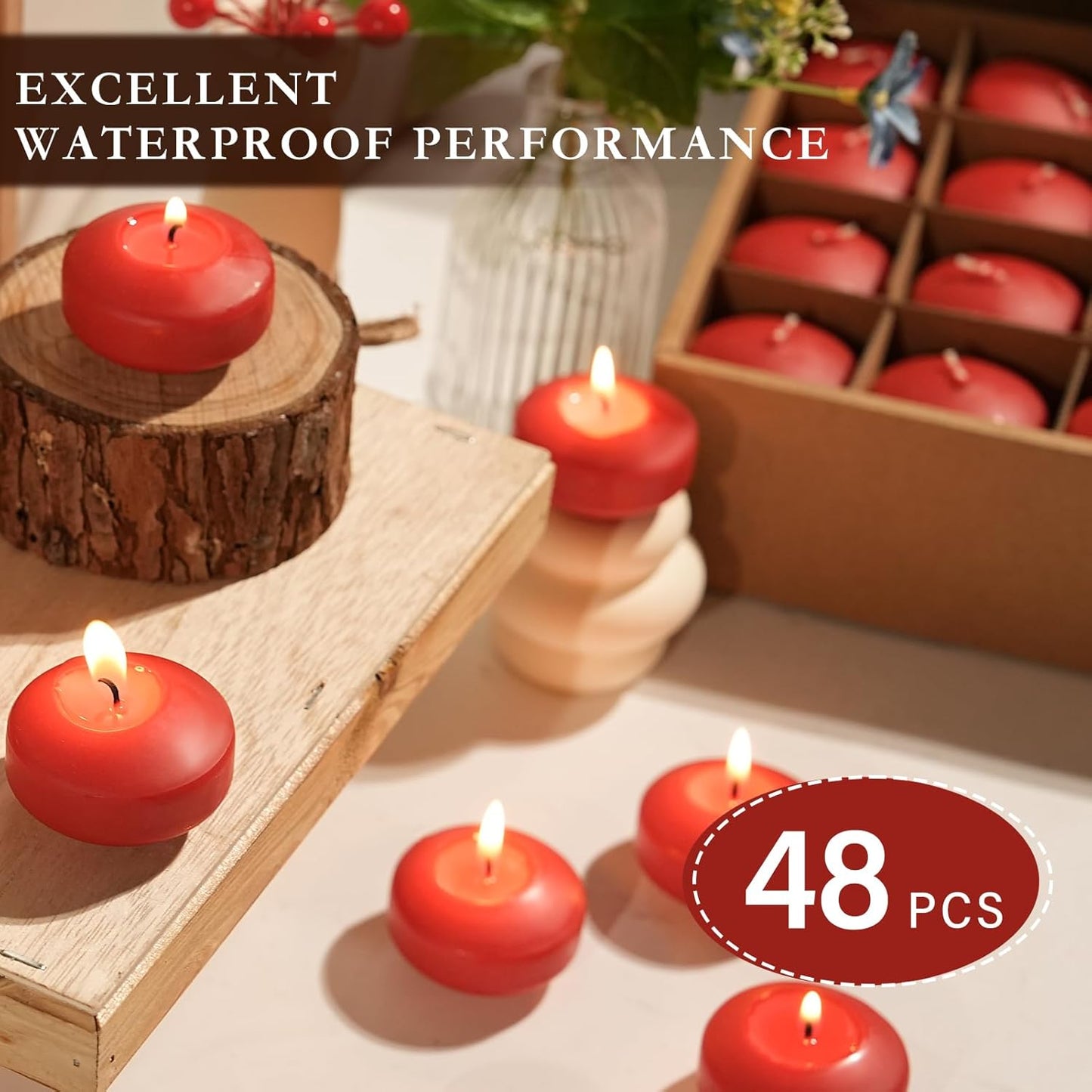 2 inch Red Floating Candles, 48 Pack Unscented Floating Candles for Centerpieces,5-6 Hours Water Activated Candle Bulk for Cylinder Vases Wedding Pool Bathtub