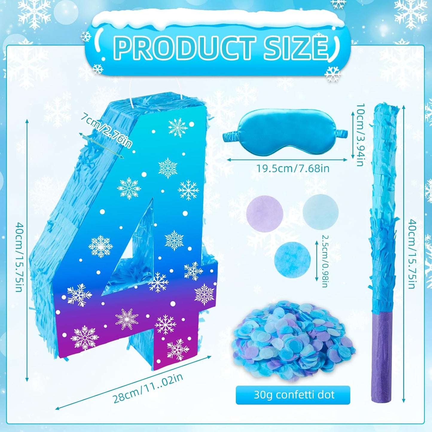 Snowflake Birthday Decorations, Winter Ice Snowflake Number 3 Pinata with Stick Blindfold and Confetti Snowflake Piñata 3rd Birthday Party Decoration & Supplies (Snowflake 4)