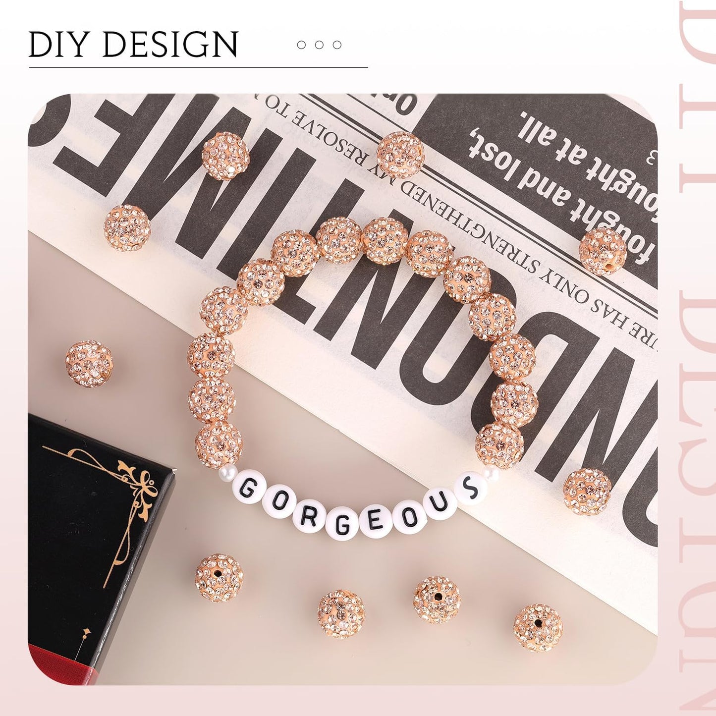 200pcs 10mm Light Peach Rhinestone Beads for Jewelry Making, Shiny Round Shamballa Disco Ball Beads, Sparkle Crystal Clay Christmas for Bracelet Baseball Necklace Earring Crafting and DIY