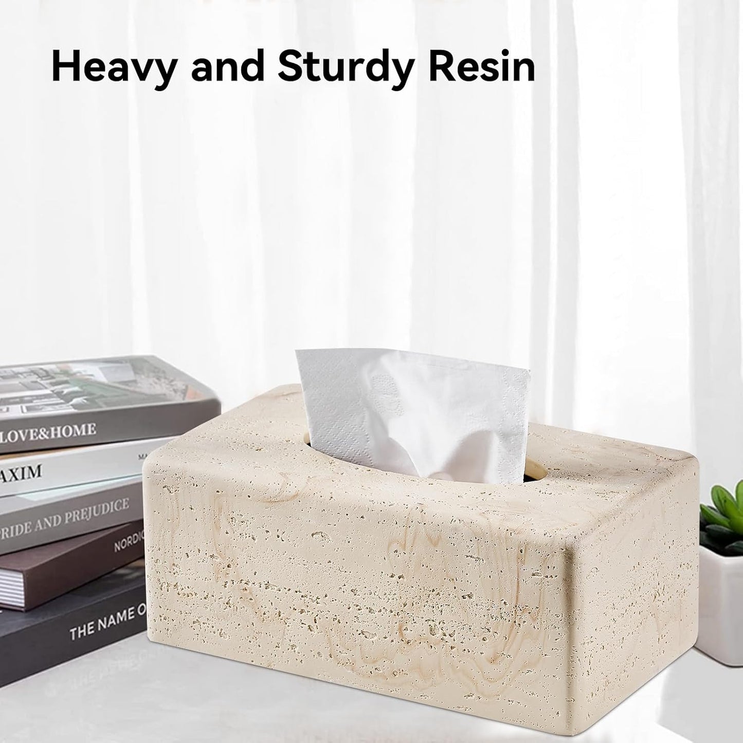 Natural Travertine Textures Tissue Box Cover Rectangular for Home Decor,Resin Heavy Tissue Box Holder for Bathroom Countertop,Tabletop,Bedside Table,Office （Made of Resin, Height of 4 in