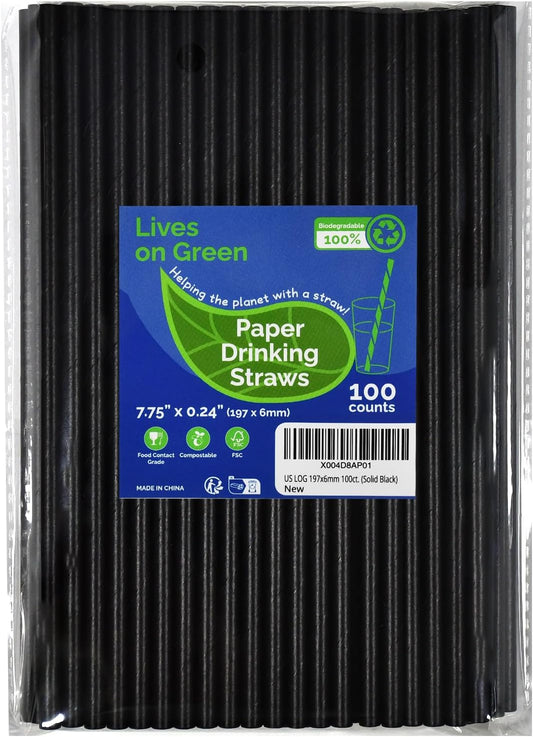 Disposable Black Paper Drinking Straws - 100 Counts, 7.75'' x 0.24'' - for Cocktaill, Coffee, Beverage, Bars, Restaurants