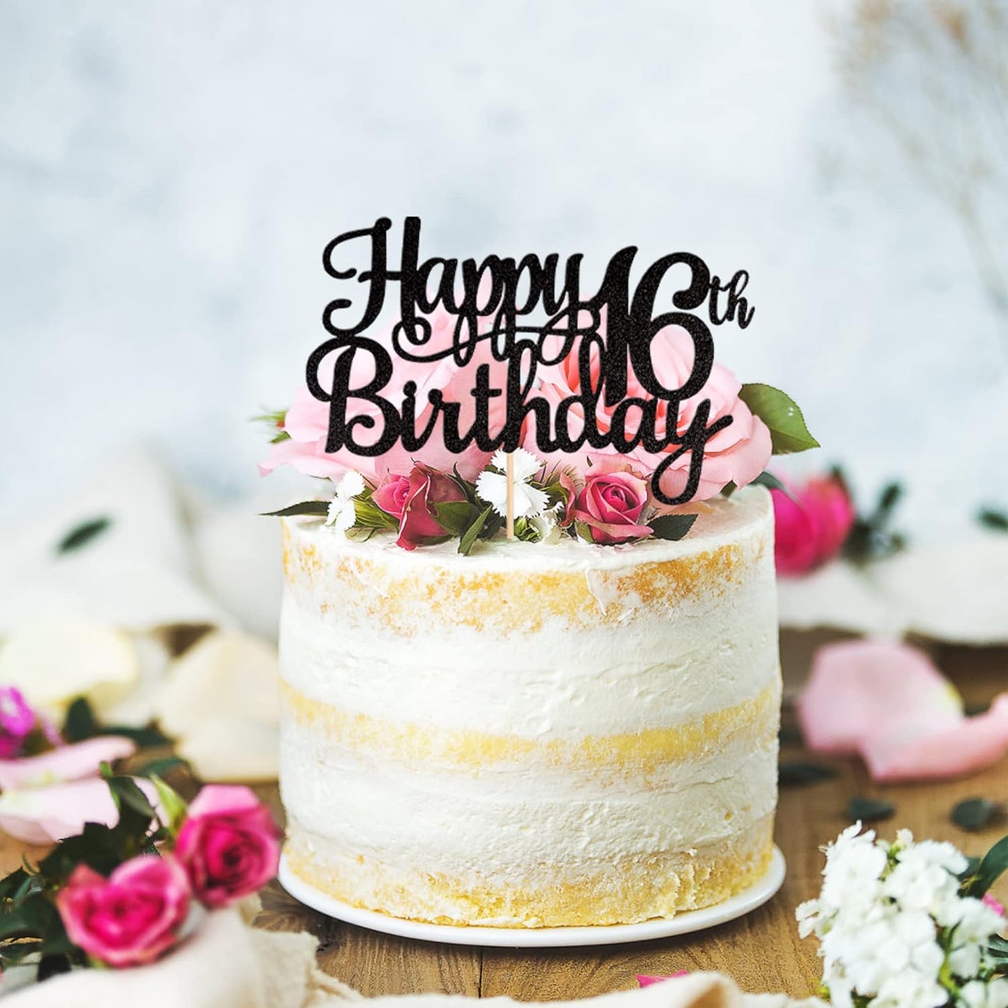 1 PCS Happy 16th Birthday Cake Topper Glitter Cheers to 16 Years Birthday Cake Pick Sweet 16 Fabulous Cake Decoration for Happy 16th Birthday Theme Party Decorations Supplies Black