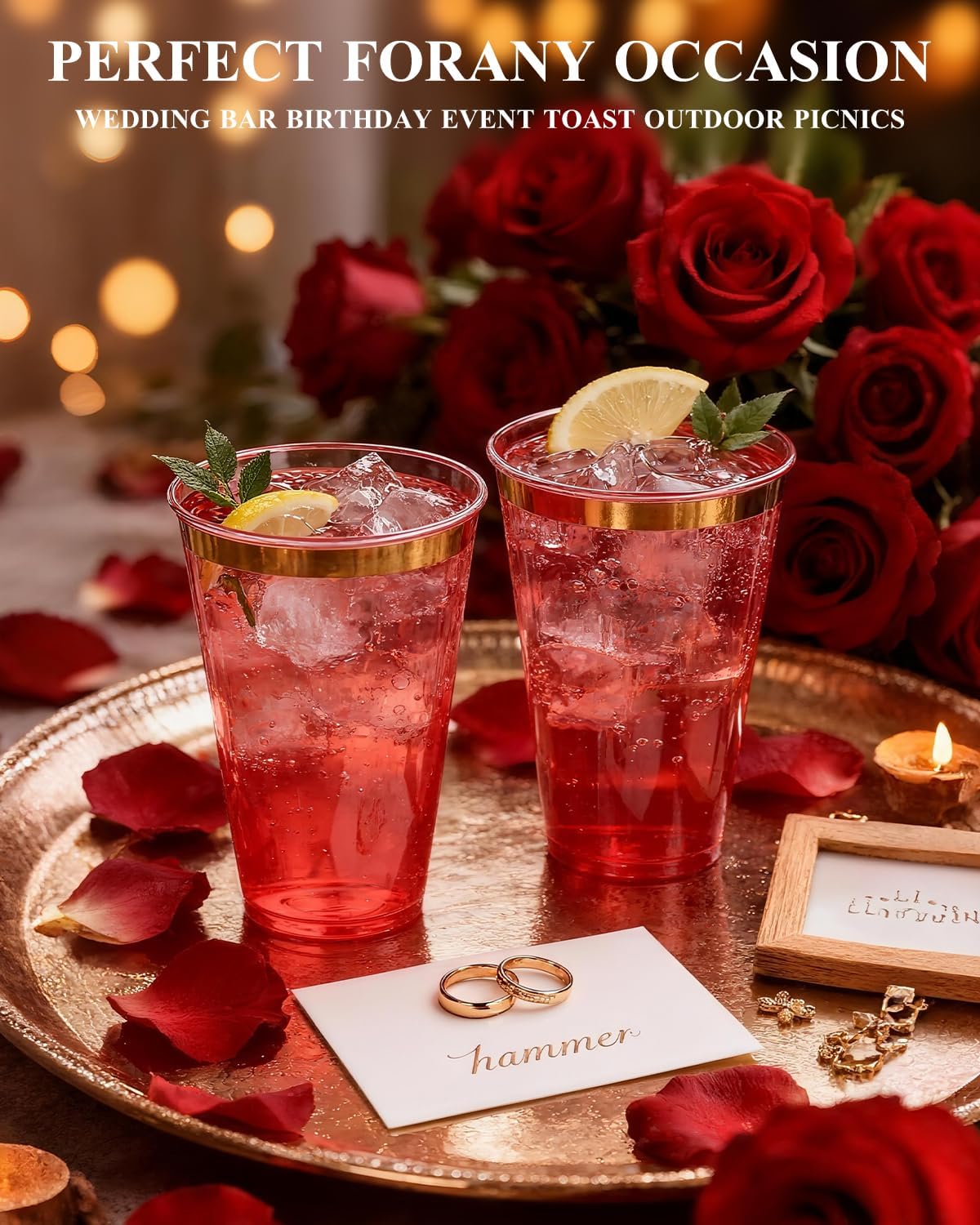 Goodluck 50PCS 14oz Red and Gold Plastic Cups for Party, Disposable Gold Rim Cups, Plastic Cocktail Glasses for Wedding Thanksgiving, Christmas, and Parties