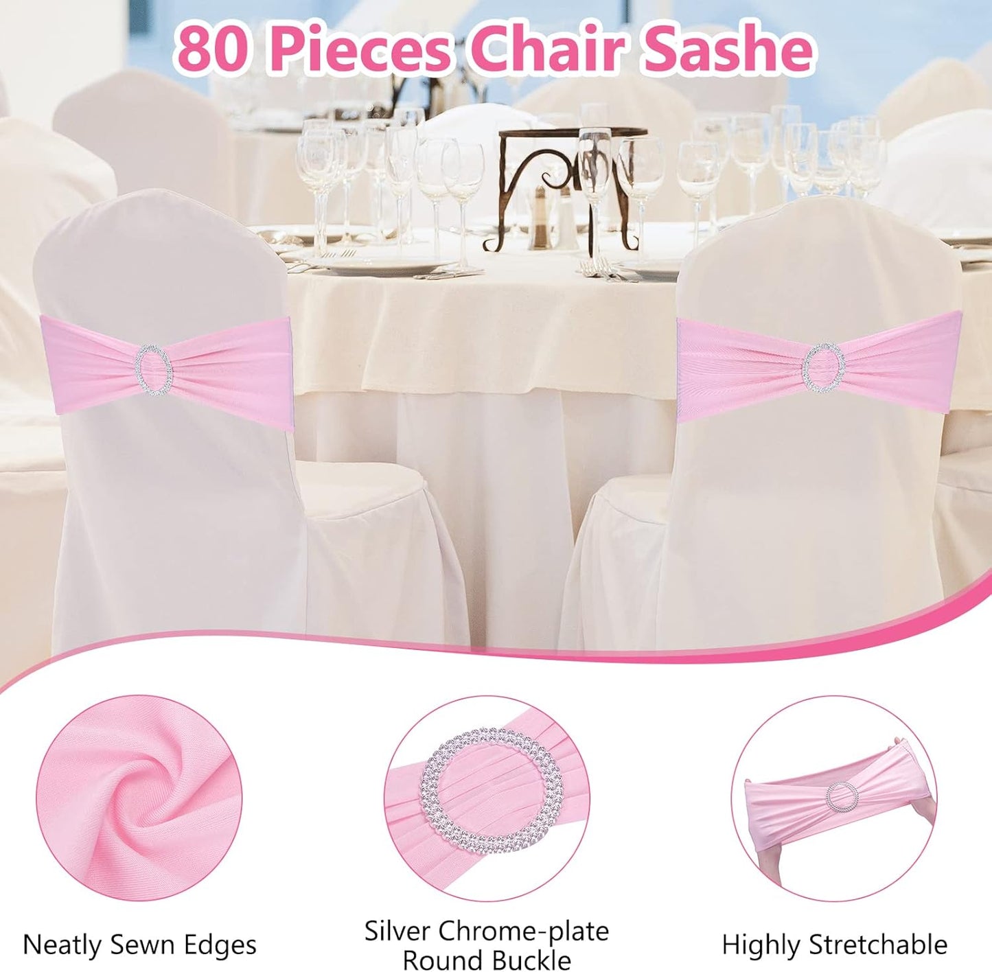 CHENGU 150 Pieces Spandex Stretch Chair Sashes Bows Elastic Chair Cover Bands Ties with Buckle Slider for Wedding Party Reception Events Universal Ceremony Banquet Decorations (Pink)