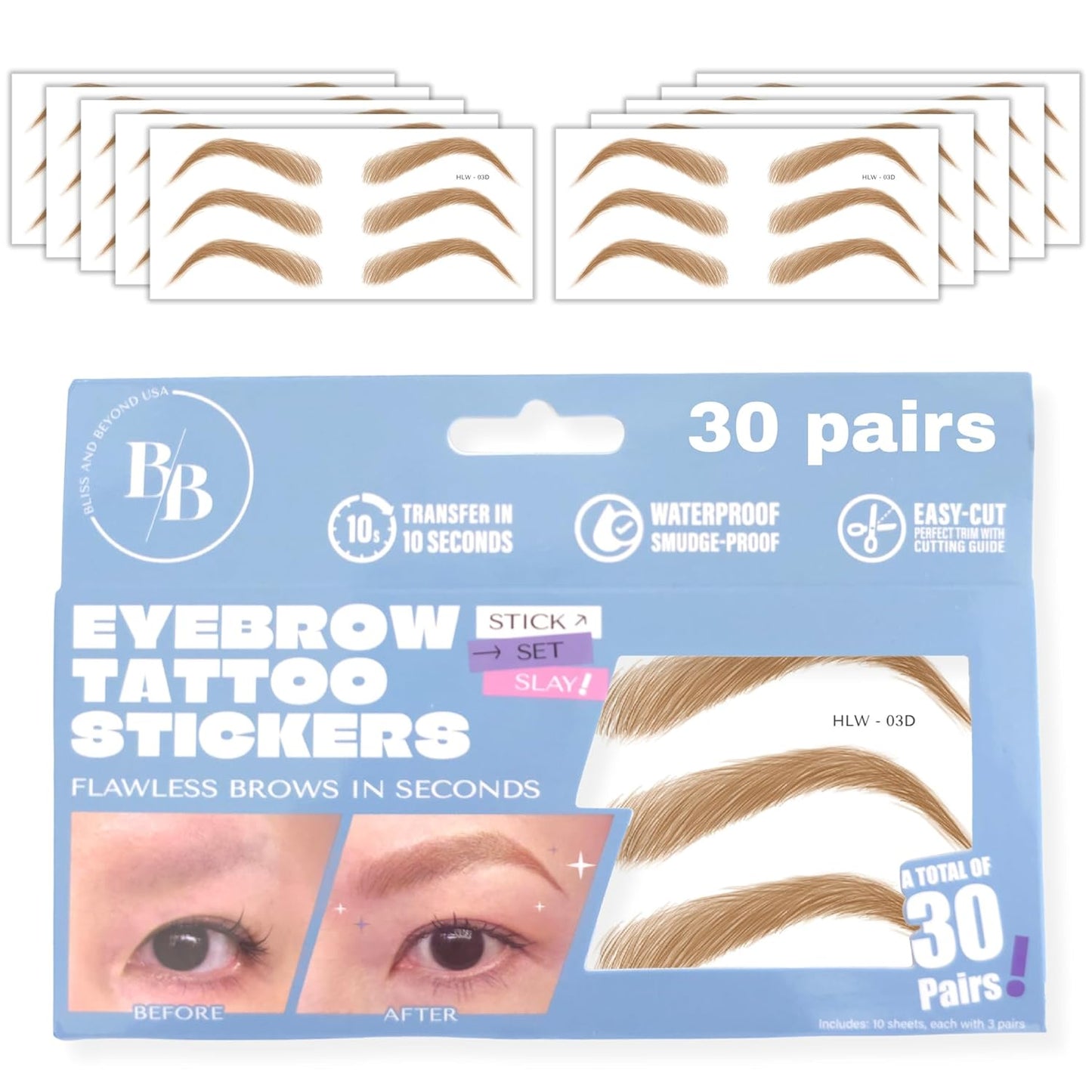 Bliss and Beyond USA Eyebrow Tattoo Stickers Waterproof – 30-Pair Deluxe Box | Realistic Hair-Like Temporary Brows for Alopecia, Cancer, and Hair Loss (Light Brown, Dramatic Hollywood)