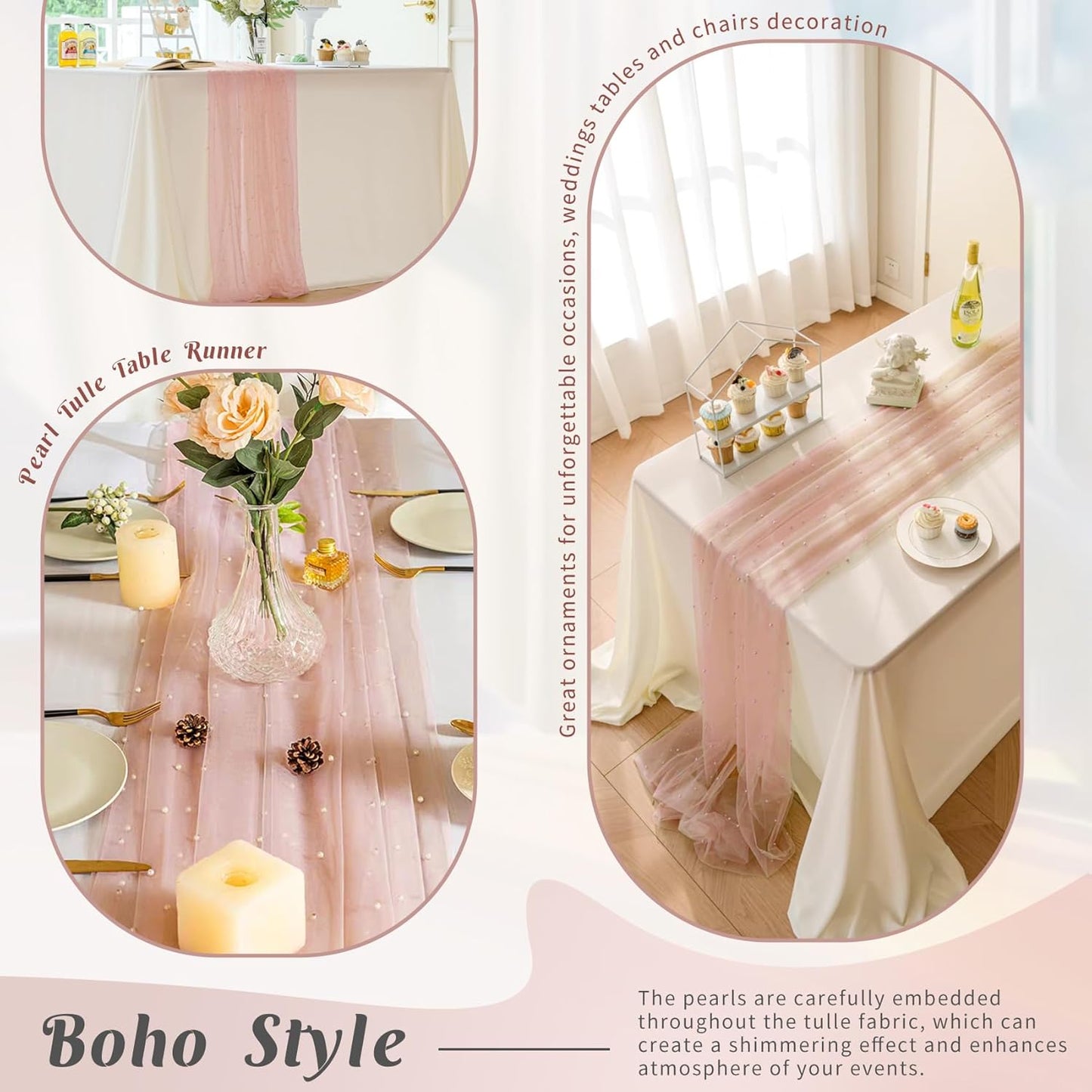 Pearl Table Runner 29 x 120 Inch Tulle Fabric Lace Table Runners Boho Rustic Tablecloth for Bridal Shower Birthday Party Wedding Arch Aisle Veil Dessert Table Decor(1 Pack, Dusty Pink)