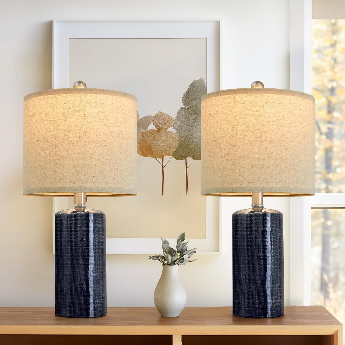20.25/inch Modern Ceramic Table lamp Set of 2 Small Farmhouse Bedside lamp Dark Blue Nightstand Lamp End Table Lamps for Living Room Bedroom Study Office AMZ-T1109BL0