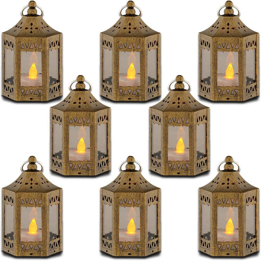 zkee Mini Star Lanterns with Flickering LED, Battery Included, Decorative Hanging Lanterns for Christmas & Indoor Use (Set of 8, Golden Brushed)