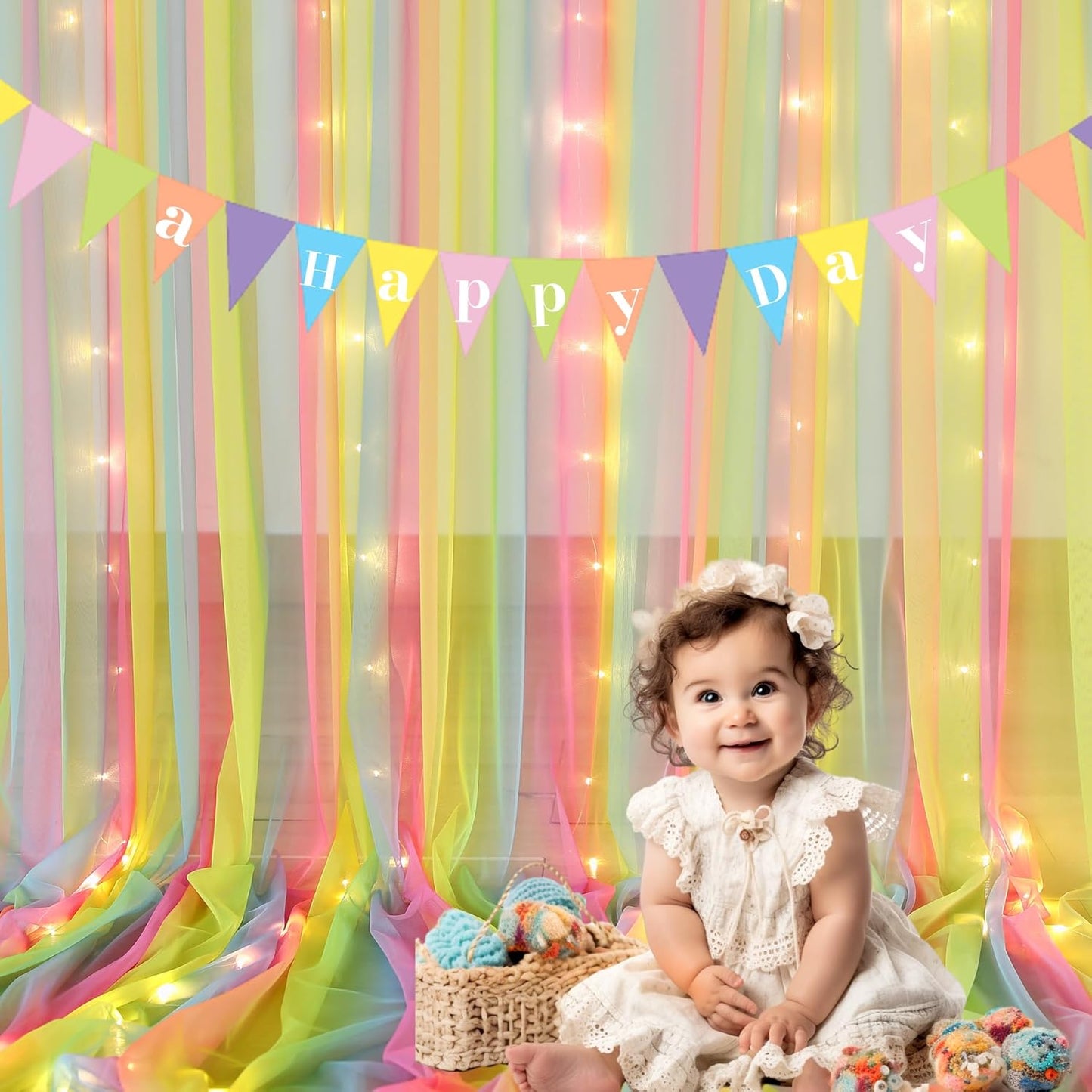 Rainbow Tulle Backdrop Curtain with Lights String 10x8ft Rainbow Sheer Backdrop Curtains for Girls Birthday Party Baby Shower Photo Shoot Background Decorations