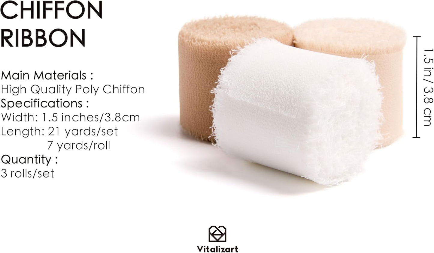 Vitalizart Handmade Chiffon Silk Ribbon Fringe 1.5" x 21 Yd White & Camel Frayed Edges Ribbons for Wedding Invitations Bridal Bouquets Gifts Wrapping Crafts Holiday Party Decorations