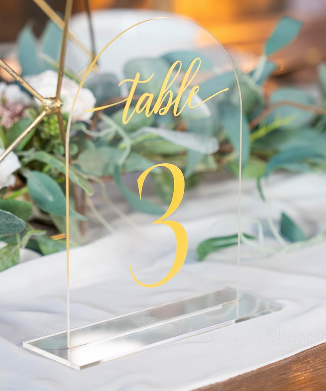 Clear Arch Acrylic Table Numbers for Wedding Reception - 5" x 7" Gold Font Centerpiece Set with Holder Stands & Head Table Sign - Anniversary, Event, Party, Wedding Set 1-20
