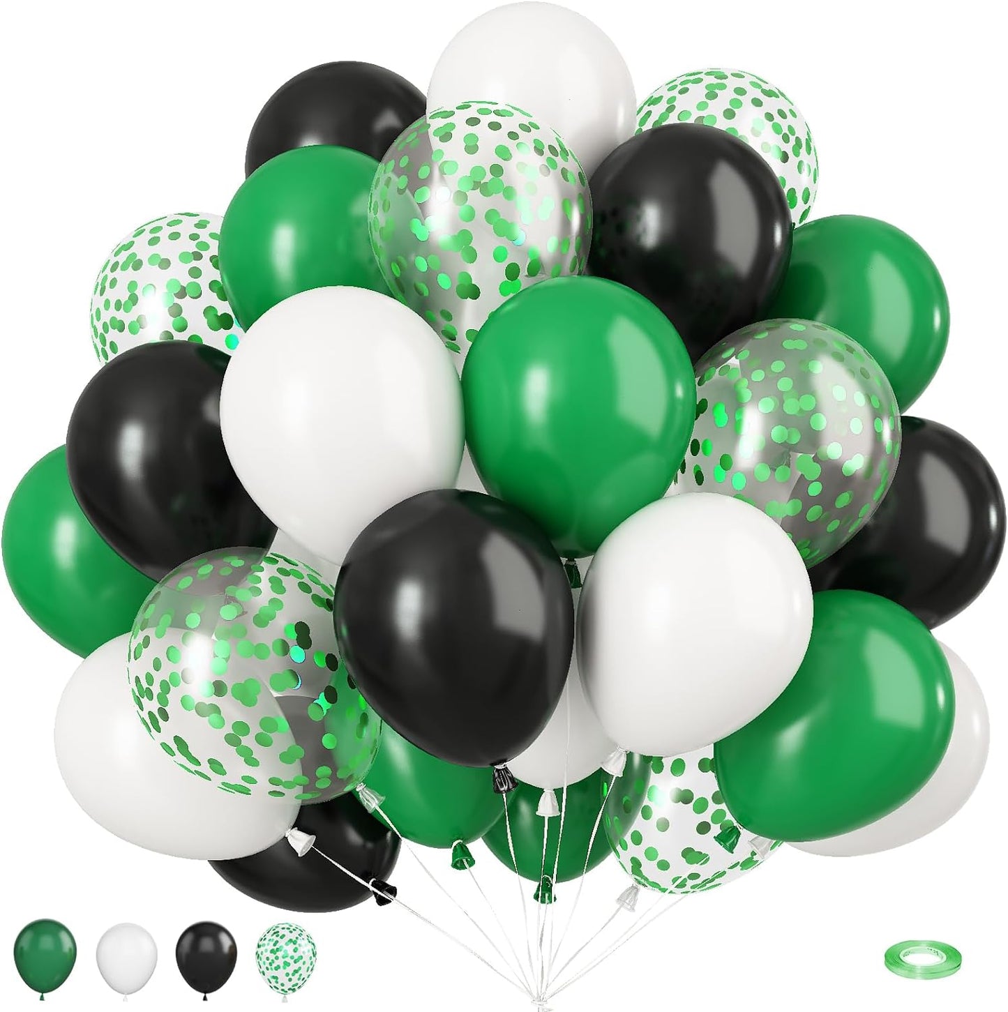 Green and Black Balloons, 50Pcs 12 Inch Green White Black Birthday Balloons, Green Confetti Balloons white Latex Balloons for Video Game Football Theme Party Baby Shower Supplies