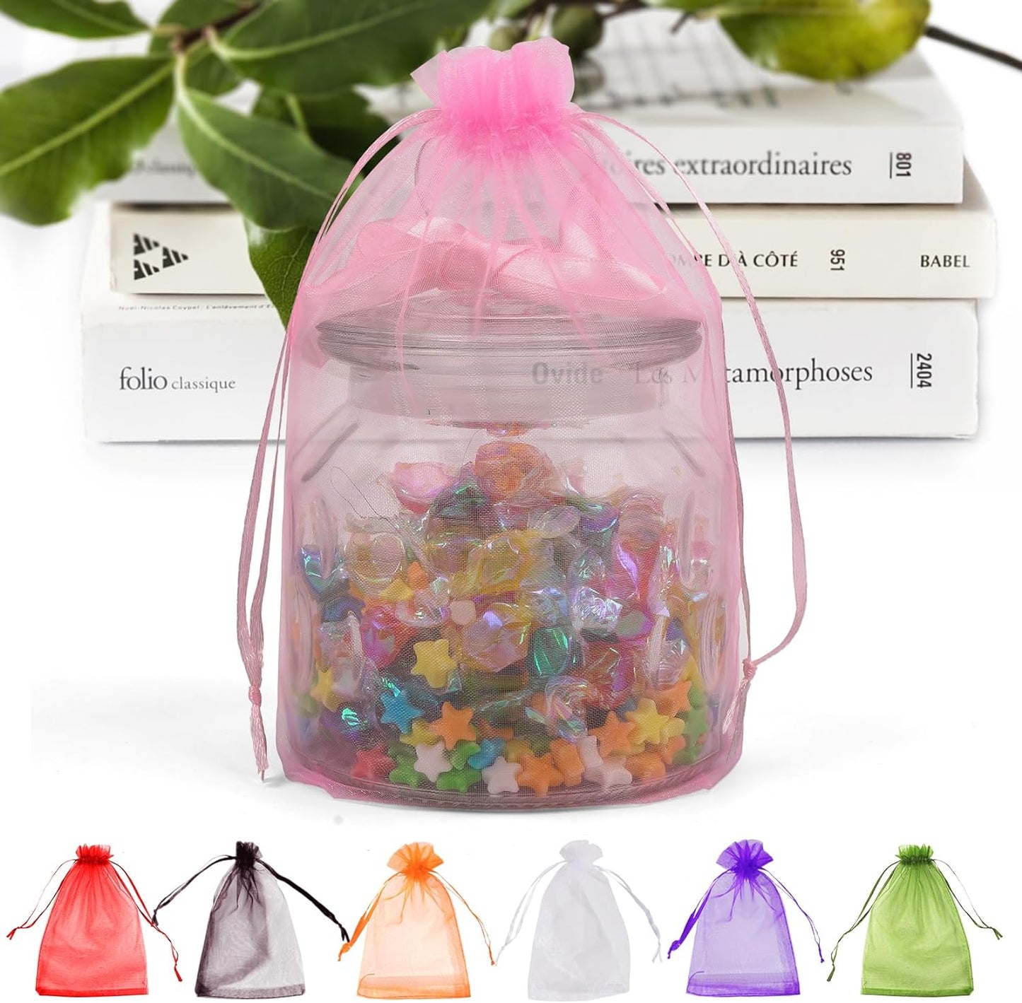 ANZNKU 50 Pack Sheer Organza Bags 6x9 inches, Mesh Drawstring Bags, Mesh Bag for Gifts Large Organza Favor Bag Drawstring for Party Wedding Christmas(Pink)